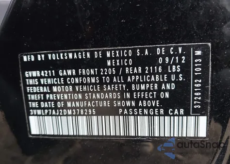 2013 Volkswagen Jetta 2.5L Sel z USA, uszkodzony, nr VIN 3VWLP7AJ2DM378295